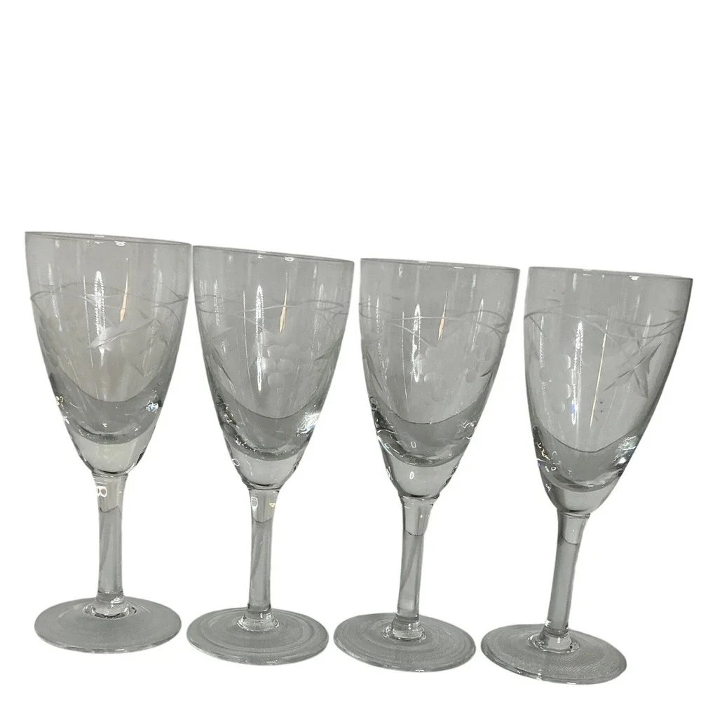 Vintage Etched Grape Vine Clear Glass Wine Goblets‎ Set of 4 Stemware 7 Inch